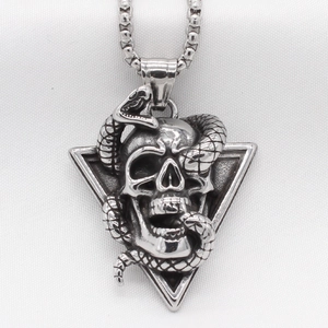 Gothic silver skull and snake pendant necklace in polished stainless steel for men