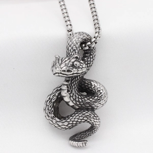 Vintage silver snake pendant necklace in stainless steel with detailed scale texture