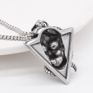 Vintage gothic snake skull triangle pendant necklace in antique silver titanium steel