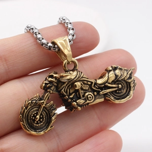 Vintage gold motorcycle pendant necklace for men with silver steel box chain