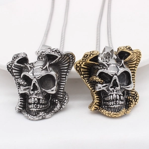 Vintage Gothic Punk Skull Cobra Pendant Necklace Men Titanium Steel Snake Wrap Pendant Necklace Two-Tone Jewelry Gift No Chain