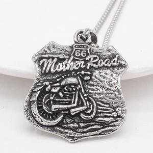 Vintage Titanium Steel Motorcycle Relief Shield Pendant Men Route 66 Mother Road Biker Style Antique Silver Finish Jewelry