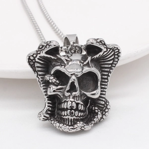 Vintage gothic skull and cobra pendant necklace in oxidized stainless steel for men