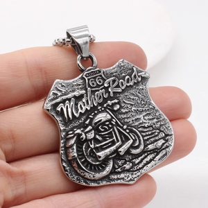Vintage steel Route 66 motorcycle necklace pendant with engraved Mother Road design