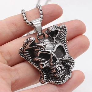 Retro punk style skull and cobra snake pendant necklace in polished silver steel