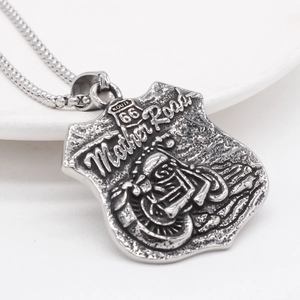 Vintage Route 66 motorcycle shield pendant necklace in retro stainless steel for men