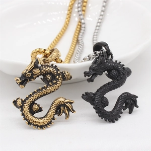 Stereo Chinese dragon pendant necklace in vintage gold and matte black finish