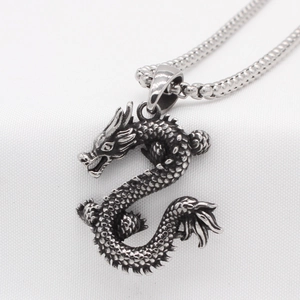 Retro 3D Chinese dragon pendant necklace with intricate scales on a round box chain