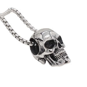 Pendentif tête de mort poli avec chaîne box rétro en argent pour hommes et femmes