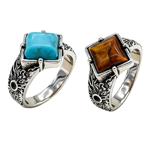 Retro Stainless Steel Gemstone Rings Men Vintage Carved Pattern Square Tiger Eye Turquoise Punk Fashion Jewelry Band Ring