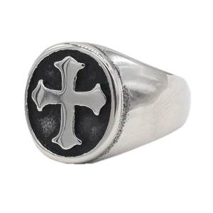 Retro stainless steel cross ring for men featuring a black matte finish and gothic punk design