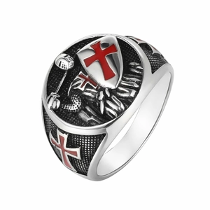 Retro Medieval Knight Shield Crusader Ring For Men Stainless Steel Red Cross Enamel Signet Ring Punk Gothic Jewelry