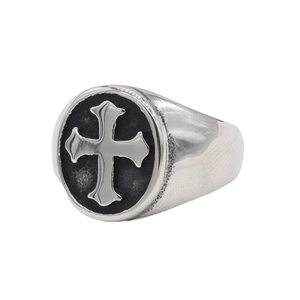 Retro gothic silver titanium steel cross ring for men with embossed round face detail