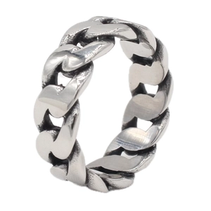 Vintage silver Cuban link chain ring for men in durable industrial stainless steel style