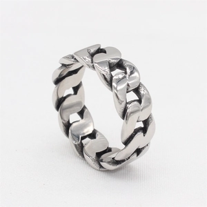 Retro stainless steel Cuban link chain ring for men with a polished silver finish