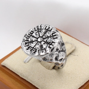 Retro Viking Vegvisir compass ring in stainless steel with hammered texture detail