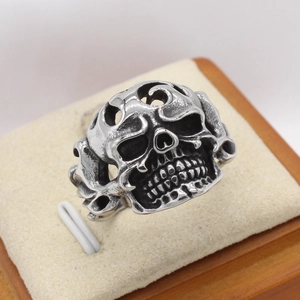 Gothic retro skull ring for men in vintage silver stainless steel with hollow details