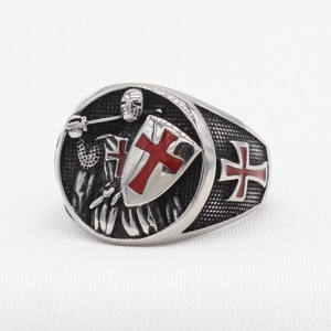 Retro Knights Templar shield ring with red cross in vintage stainless steel finish