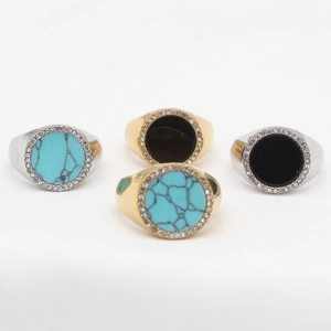Chunky round titanium steel rings set with turquoise and black stones with crystals