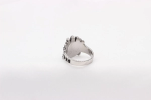 Detailed view of polished stainless steel inner band and side black enamel engraving