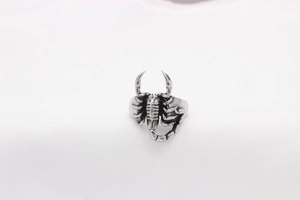 Detail view of vintage scorpion titanium steel ring with punk gothic carved textures