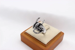 Macro detail of vintage silver stainless steel ring featuring 3D scorpion engraving