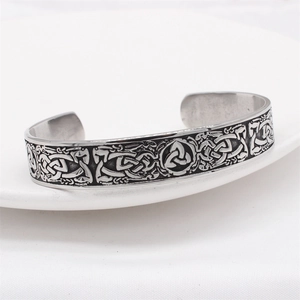 Retro Viking stainless steel cuff bracelet with embossed Celtic Knot pattern for men