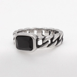 Silver Cuban link chain ring for men featuring a rectangular black onyx gemstone