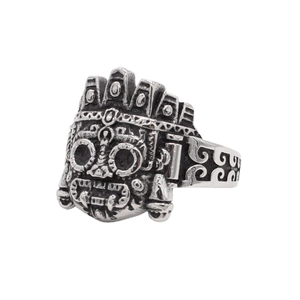 Vintage silver robot alien ring with Mayan mask engraving in oxidized titanium steel