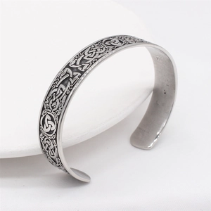 Retro Viking stainless steel cuff bracelet with Celtic knot and Triquetra patterns