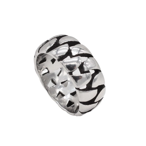 Retro Cuban chain style silver titanium steel ring for men with industrial woven design