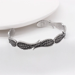 Bracciale rigido piuma retrò da uomo in acciaio inossidabile finitura argento