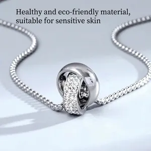 Fashion Minimalist Titanium Steel Double Interlocking Ring Pendant Necklace For Women Men Silver Rhinestone Pave Jewelry