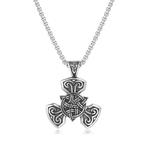 Macro shot of silver Viking Celtic knot pendant with antique finish on box chain