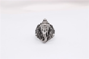 Detailed close-up of retro silver stainless steel Ganesha elephant god ring with antique finish