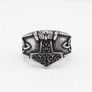 Nordic Viking Mjolnir ring for men in vintage stainless steel with owl pattern