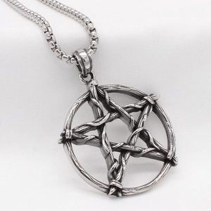 Collier avec pendentif étoile pentagramme vintage en acier argenté antique et chaîne