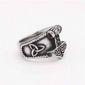 Nordic viking Mjolnir ring in vintage black stainless steel with Celtic knots