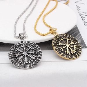 Vintage Viking Vegvisir compass necklace in silver and gold finish with rune details
