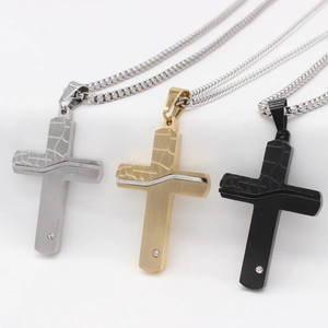 Vintage cross necklaces for men in silver, gold, and black with embossed texture and small zircon
