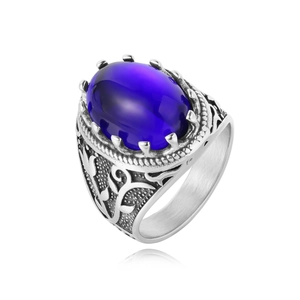Bague baroque en acier inoxydable avec pierre ovale violette et motifs floraux