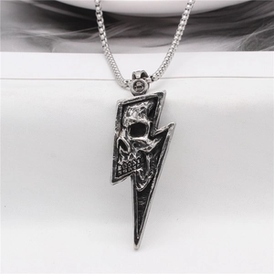 Retro punk lightning bolt pendant necklace with skull engraving in silver stainless steel