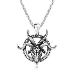 Macro detail of gothic ram head pendant with pentagram star in vintage silver finish