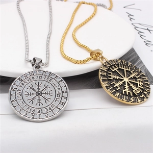 Men's Viking Vegvisir compass pendant necklace set in gold and silver stainless steel