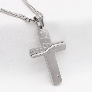 Vintage silver cross necklace for men with geometric crack pattern and box chain