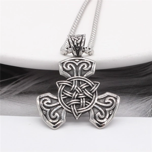 Vintage silver Celtic knot pendant necklace with Nordic viking style and heavy chain link