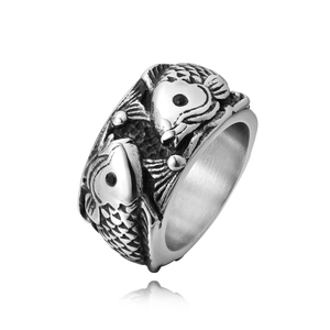 Bague en Relief Double Carpe Koi en Acier Titane Vintage Style Chinois Chance Gaufré Rétro Bijoux Unisexe Large