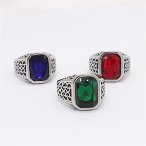 Retro rectangle gemstone rings in blue, green, and red with silver hollow floral engraving