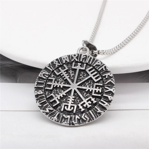 Vintage Viking Vegvisir compass necklace with Nordic runes on a silver steel pendant