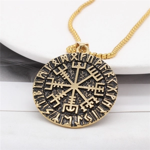 Golden Viking Vegvisir compass necklace with Nordic runes and vintage textured finish